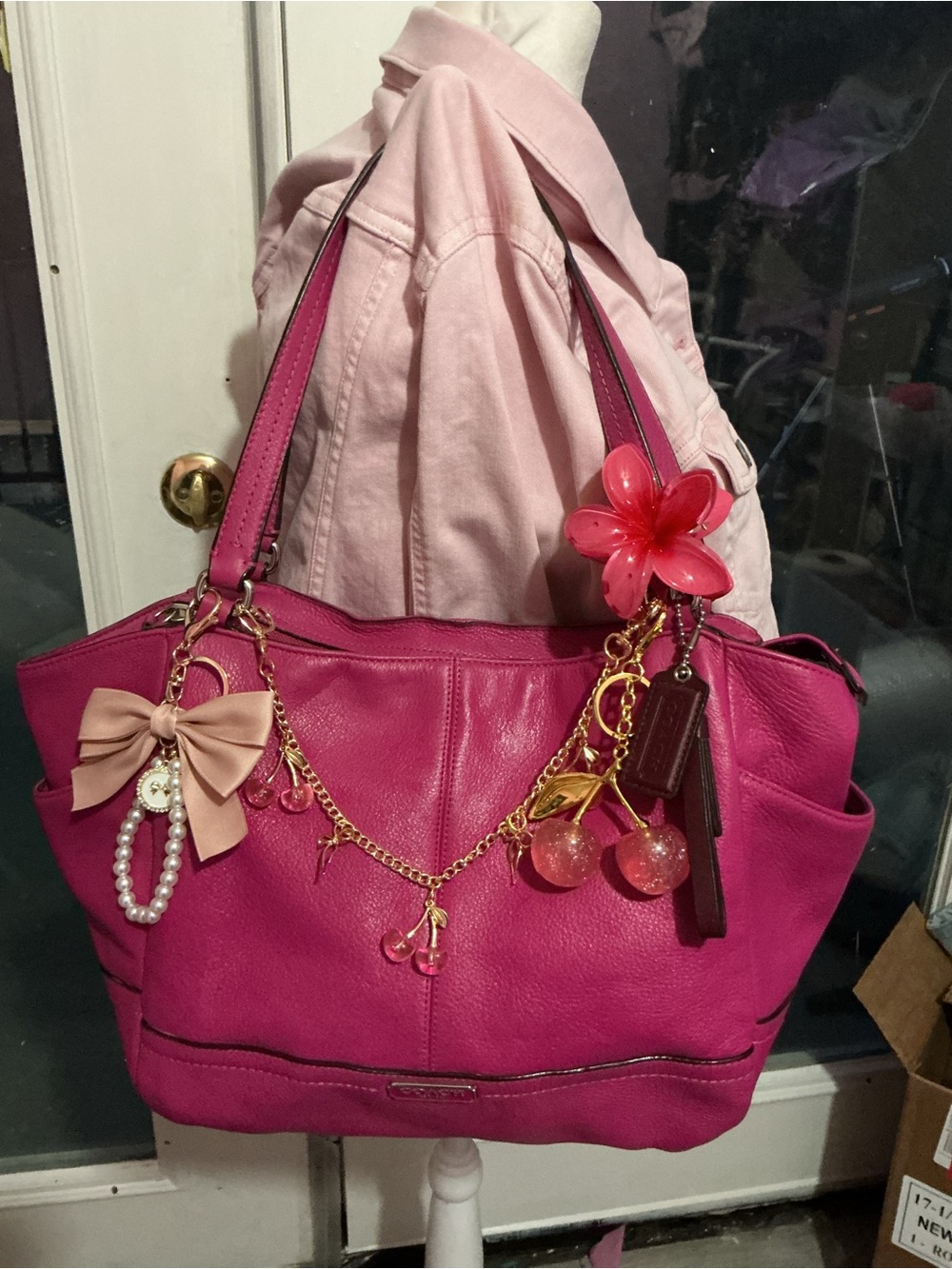 Coach Hot Pink Shoulder Tote with Charm Accents